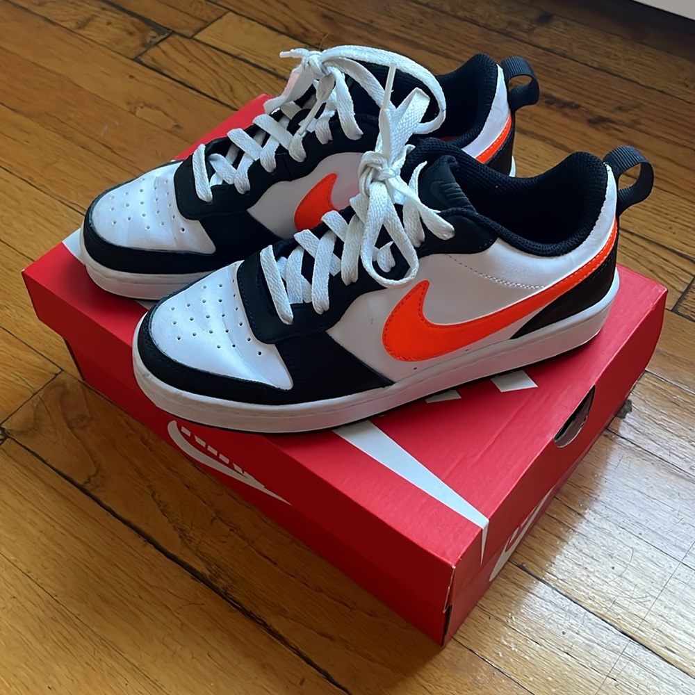 Nike Court Borough Low 2, kids size 5, white, black and orange